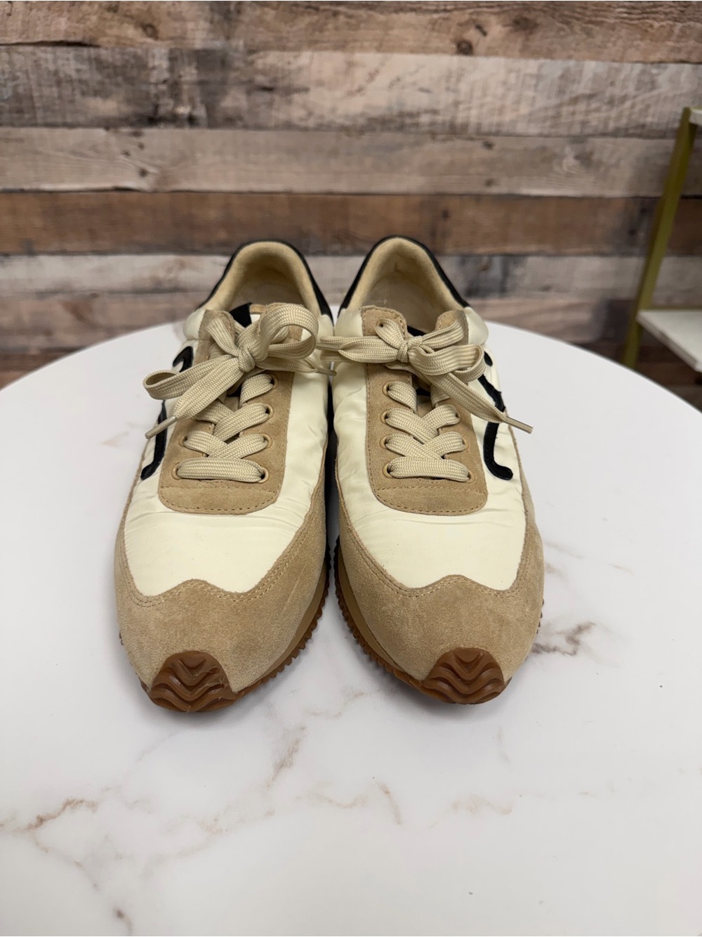 Vaneli cream with black swirl canvas/suede sneaker 9